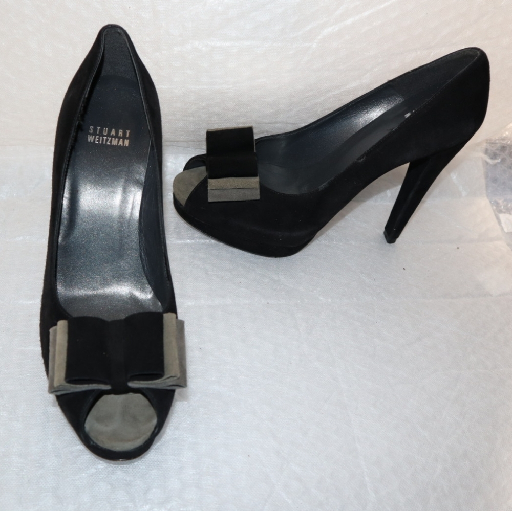 Stuart Weitzman Black and Gray Peep Toe Bow Accents Black - Picture 7 of 10